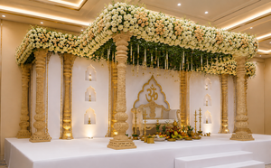 เวทีมันดาปไม้แกะสลักสุดหรูสำหรับงานแต่งงานแบบอินเดีย งานแต่งงานแบบกูจารัตติ  มันดาปไม้สุดอลังการ  มันดาปทรงสี่เหลี่ยมสีทองสวยงาม  สหรัฐอเมริกา - Product Image 2