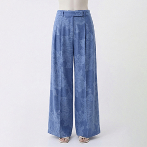 Women 2 Piece Long <b>Set</b> Blue Solid Cotton Oxford Mandarin Collar Top Wide Leg Pants Casual Spring Summer Regular Fit High Street - Product Image 4