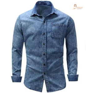 Men's Slim Fit Denim Shirt Long Sleeve Solid Color Turn-<b>down</b> Collar Washable Casual Style Full Sleeve Cotton Shirt - Product Image 2