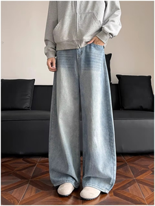 Jeans décontractés pour hommes en coton mi-épais respirant, coupe droite ample, en denim élastique teint uni, pour le printemps - Product Image 2