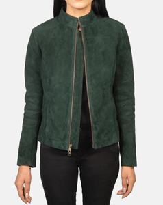 2026 Premium Quality Women's High Street Women's Green Suede Moto Jacket <b>Stand</b> Collar Full Sleeve Zipper Closure Autumn Wear - Product Image 1