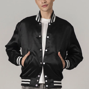 Men Black Satin <b>Jacket</b> With White Stripes Polyester Breathable Comfort Fit Sport Varsity <b>Jackets</b> With Patch Logo - Product Image 3