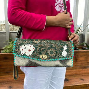 Bolso bandolera de cuero hecho a mano único con estampado floral y de tarjeta bolso de hombro estilo embrague de cuero genuino para mujer - Product Image 4