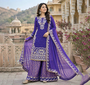 Designer clothes Embroidered Crepe Cotton Flared Plazzo Suit Women's Summer Wedding Party Wear <b>Eid</b> Traditional Indian <b>Pakistani</b> - Product Image 1