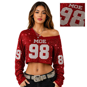 Custom <b>Rhinestone</b> <b>Crop</b> American Football Jersey Women Long Sleeve Glitter <b>Top</b> Y2K Mesh Boutique Wear Red Glitter Women <b>Crop</b> <b>Top</b> - Product Image 2