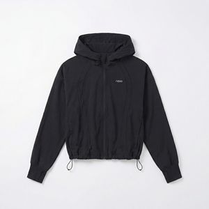 Black Hooded Crop Windbreaker — Lightweight <b>Packable</b> <b>Jacket</b> with Drawcord Hem & Subtle Logo | OEM/ODM Private Label - Product Image 1