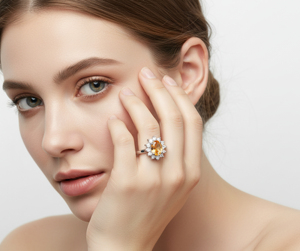 Anillo de Compromiso de Plata 925 con Baño de Rodio y Citrino para Mujer, Diseño en Forma de Flor con Engaste de Puntas - Product Image 4