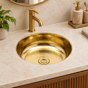 Lavabo Redondo Profundo de Latón Martillado, Lavabo de Lujo con Acabado Dorado Brillante para Encimera, Lavabo para Baño, Hotel, Villa, Artículos Sanitarios - Product Image 3