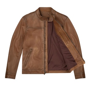 Veste en cuir véritable marron vieilli pour homme, style streetwear, col Mao, fermeture éclair avant, coupe ajustée, vintage, premium, décontractée, OEM, vêtement d'extérieur d'hiver - Product Image 3