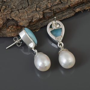 Nouvelles boucles d'oreilles pendantes en argent sterling S925 avec larimar et perle, serti clos, style classique, bijoux fins pour femme, à porter au quotidien - Product Image 3