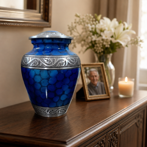 Handcrafted Blue Cremation Urn for Human Ashes - Elegant Metal <b>Memorial</b> Funeral <b>Keepsake</b> with Secure Lid & Detailed Silver Leaf - Product Image 3