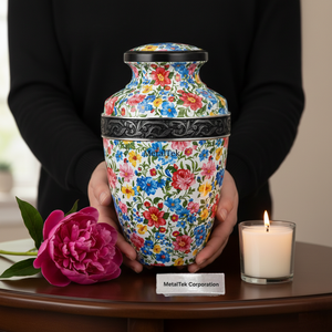 Urna Funeraria de Lujo con Diseño Floral de 11 Pulgadas, Urna Conmemorativa Personalizada con Estampado de Flores Coloridas, Urna Grande de Metal para Cenizas, Recuerdo Decorativo - Product Image 1
