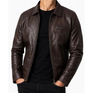 Blouson bomber vintage pour homme en cuir PU bordeaux, col rabattu, fermeture éclair, coupe ample, court - Product Image 4