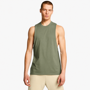 Débardeur sans manches pour homme, vert olive, col rond, couleur unie, décontracté, tricoté, respirant, coupe ajustée - Product Image 1