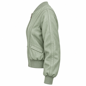 Chaqueta Bomber de Cuero Verde Salvia para Mujer con Bolsillos de Solapa y Ribete de Piel de Cordero Menta - Abrigo Personalizado para Exportación B2B - Proveedor de Ropa de Fábrica - Product Image 4