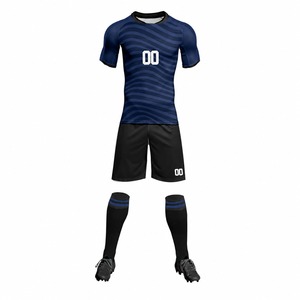 Ensemble de tenue de football pour hommes, maillot bleu, short rouge, chaussettes blanches, tissu respirant, impression sublimée, coupe régulière pour adultes - Product Image 2
