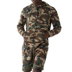 2-Pc Winter <b>Camouflage</b> Printed Fleece Zip-Up Hoodie Sweat Shorts Set Men Custom Brand Front Logo Breathable Sweat Suit - Product Image 1