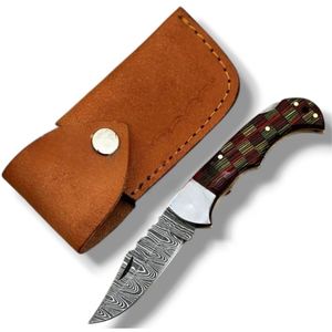 Couteaux pliants décoratifs en damas avec étui en cuir, couteaux de poche portables EDC pour la chasse, le camping, la randonnée, la survie en plein air - Product Image 1