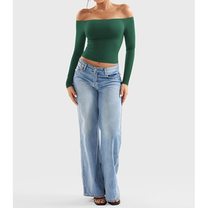 Women Off The Shoulder <b>Long</b> <b>Sleeve</b> <b>Crop</b> Top Solid Color Seamless Full <b>Sleeve</b> Green Yoga Top - Product Image 5