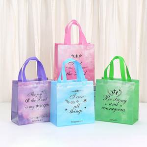 Cute Pink Non Woven Gift <b>Bags</b> with Ribbon Handles Striped Checkered Bow Patterns Reusable Shopping Tote <b>Medium</b> <b>Size</b> - Product Image 2
