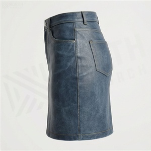 Jupe crayon en jean taille haute pour femme, mini, couleur unie, style décontracté avec poches, finition délavée - Product Image 3