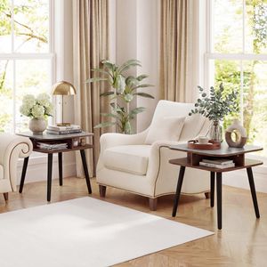 Faux Marble <b>Side</b> <b>Table</b> with <b>Storage</b> Shelves and Rubber Wood Legs Practical Coffee <b>Table</b> with Stylish Design - Product Image 6