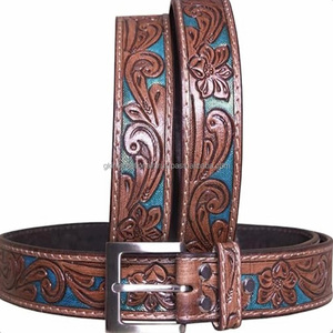 Custom made Floral Engraved Men's fashion Western Leather <b>Tooling</b> <b>belt</b> with designer brass buckle available in many designs - Product Image 6