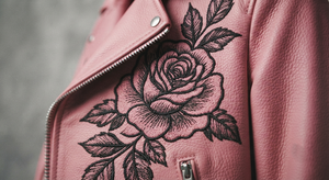Pink Cow Skin Motorcycle Jacket <b>Women</b> Biker <b>Coat</b> Asymmetric Zipper <b>Belted</b> Waist Floral Embroidery Winter Outerwear Custom Front - Product Image 5