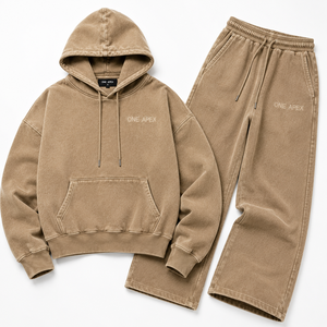 Ensemble de survêtement premium pour homme ONE APEX, coupe régulière, 100 % coton respirant, couleur beige sable, avec sweat à capuche et pantalon large épais - Product Image 5