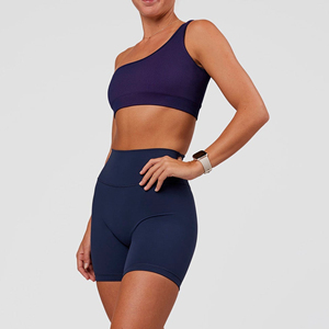 Soutien-gorge de sport côtelé asymétrique à une épaule pour femme, couleur unie, maintien moyen, respirant et sans coutures, idéal pour le yoga et l'entraînement - Product Image 3