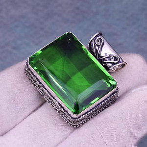 Handcrafted Gold Plated 925 Sterling Silver Emerald Gemstone Large Rectangular Emerald Cut Statement <b>Necklace</b> Wholesale Jewelry - Product Image 3