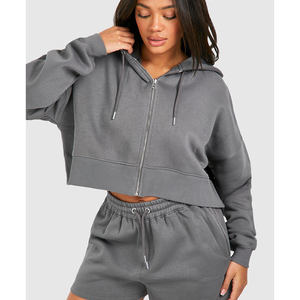 Ensemble 2 pièces short et sweat à capuche en molleton 100 % coton pour femme, coupe oversize, épaules tombantes, manches courtes, longueur au-dessus du genou, avec ceinture et fermeture éclair – Vente en gros - Product Image 1