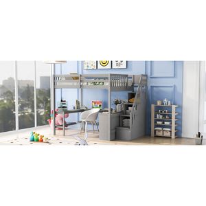 Letto a soppalco a grandezza naturale con scrivania a L e scaffali a tre livelli grigio - Set di mobili per bambini con scala contenitore integrata - Product Image 5