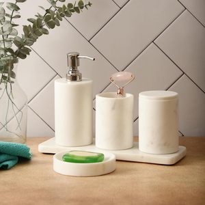 Styling <b>accessories</b> sophisticated <b>bathroom</b> organiser polished marble finish gold accent <b>bathroom</b> <b>set</b> timeless marble decor - Product Image 5