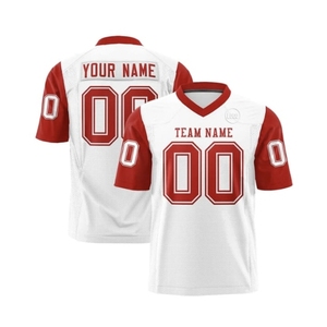 Maillot de football américain personnalisable pour homme, blanc et bleu, col en V, manches courtes, respirant, polyester, nom et numéro de l'équipe, impression sublimée - Product Image 3