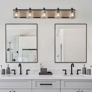 Lampada da parete per bagno stile rustico da 40 pollici a 5 luci con paralumi in vetro smerigliato trasparente e finitura in legno nero, design applique da parete - Product Image 2