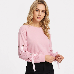 <b>Pink</b> Women's <b>Cropped</b> Sweatshirt Lace-Up Sleeves Bow Detail O-Neck Casual Solid Anti-Pilling Full Sleeve Knitted <b>Top</b> Spring Wear - Product Image 4