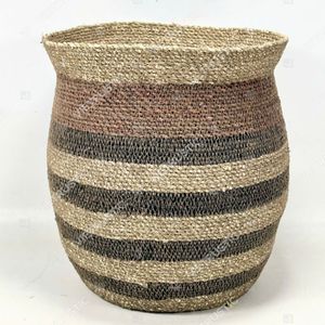 Collection de paniers et de vases en jonc de mer rayé multi-tonalités écologiques SPICE ROUTE avec poignée, design géométrique multifonctionnel - Product Image 3