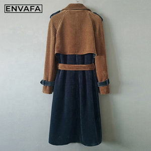 Chaquetas Cortavientos Personalizadas con Combinación de Colores y Rayas de Terciopelo, Gabardina Delgada por Encima de la Rodilla para Mujer, Nuevo Estilo Otoñal, OEM ODM - Product Image 2