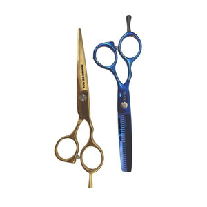 Ciseaux de coiffure et d'éclaircissement en acier inoxydable pour barbier, ensemble de ciseaux de coupe de cheveux or et bleu - Product Image 1