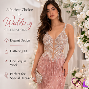 Vestido de noche de lujo color malva con lentejuelas y cuentas bordadas a mano |   Vestido de Fiesta y Boda Natural sin Mangas con Escote en V Profundo |   Vestido de Diseñador Elegante - Product Image 4