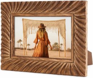 Cadre photo en bois de manguier avec verre véritable, motif strié brun, cadre en bois vintage pour table ou mur - Product Image 1