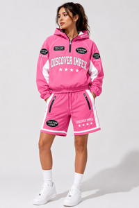 Custom Unisex <b>Pink</b> Nylon Breathable <b>Waterproof</b> Hoodie Short Set Hooded Zip <b>Jacket</b> Contrast Panel Elastic Waist Track Shorts - Product Image 2