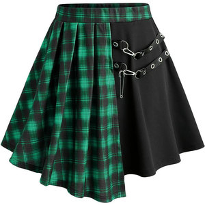 Wholesale Gothic Punk High Waisted Plus Size Plaid <b>Patchwork</b> Grommet PU Leather Asymmetrical Mini A-Line Pleated <b>Skirt</b> for Women - Product Image 1