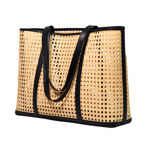 Bolso tote de ratán tejido a mano de lujo con asas de cuero genuino |   Bolsa de Compras para la Playa de Verano |   Bolso de Mano Ecológico de Gran Capacidad - Product Image 6