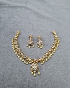 Wholesale Traditional Gold Plated American Diamond Work Oval Stone Studded <b>Pearl</b> Necklace <b>Set</b> Designer Fashion <b>Jewelry</b> Suppliers - Product Image 3