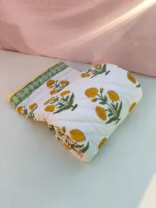 Premium 100% Cotton Yellow Floral Block Print Reversible Razai Soft Warm <b>Winter</b> Blanket Hand Printed Ethnic Indian Bed <b>Quilt</b> - Product Image 3