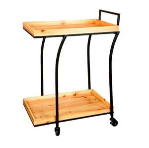 Modern Wood Metal Serving Trolley 2 Tier Wooden Tray Bar Cart Rolling Wine Beverage Cart Kitchen Storage Organizer Rack - Product Image 1