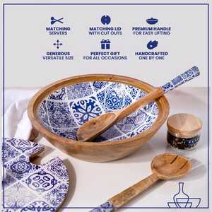 Ensemble de saladiers décoratifs en bois de manguier faits à la main avec des accessoires et un couvercle assortis - Carreaux bleus marocains 4 - Product Image 5