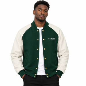 Veste universitaire pour homme en laine, color block vert et beige, à boutons-pression, style baseball, coupe-vent et chaude, avec col et poignets côtelés - Product Image 2